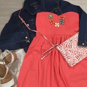 Poetry coral strapless linen cotton dress